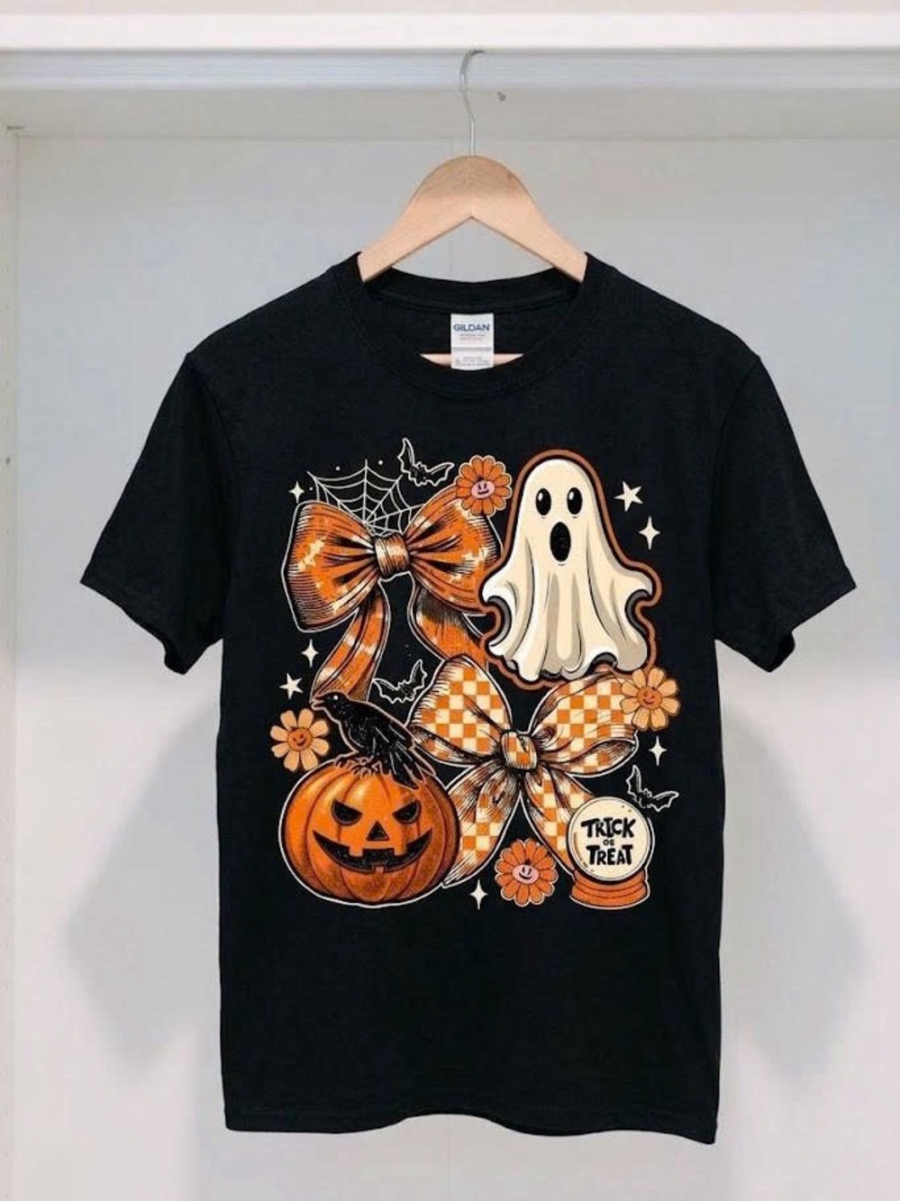 Coquette Halloween Bow Graphic T-Shirt Spooky Cute Ghost Pumpkin Black Tee